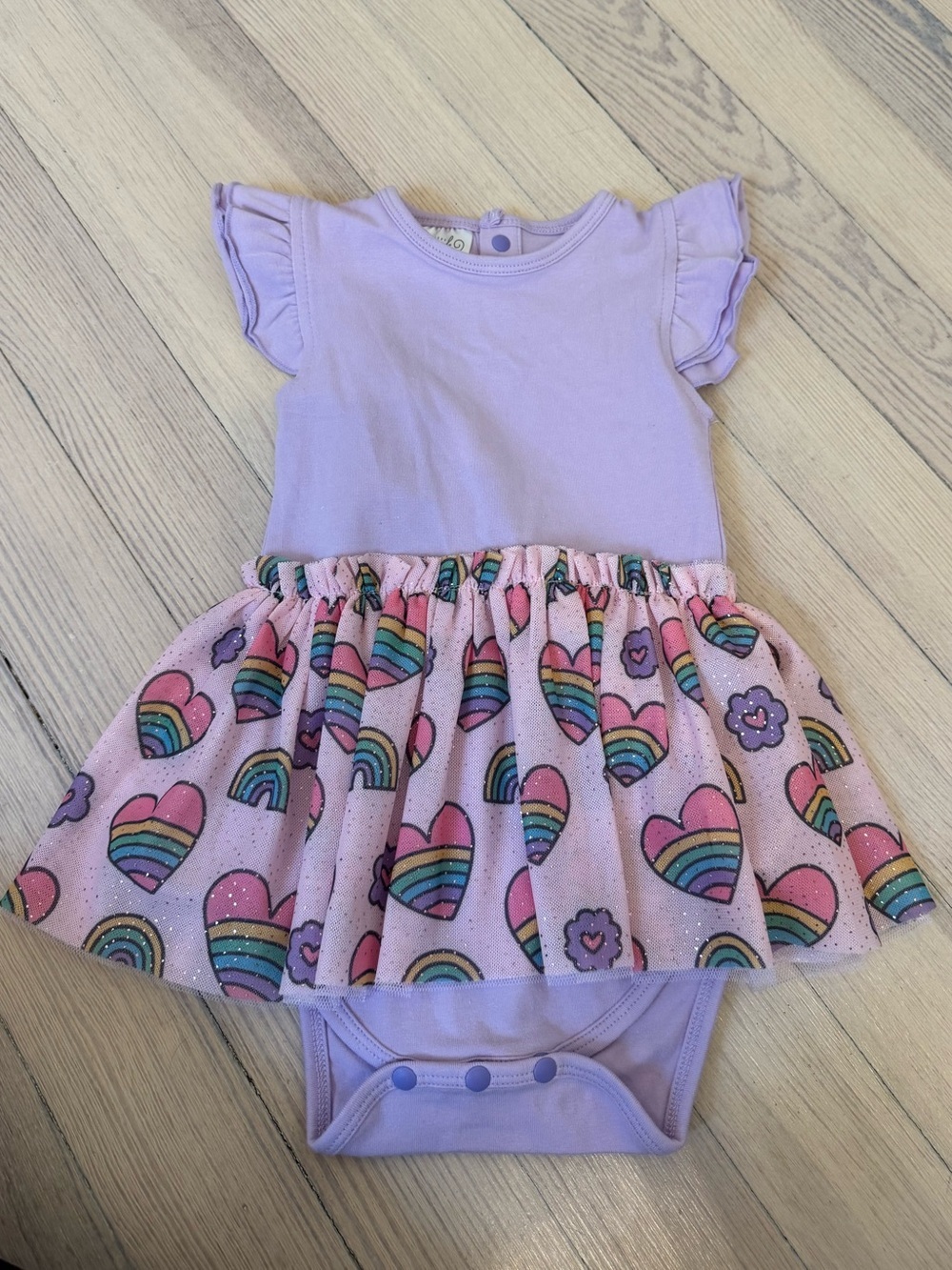 SWEET WINK Baby Girl's Purple Flutter Sleeve Rainbow Heart Print Dress Size 6-12